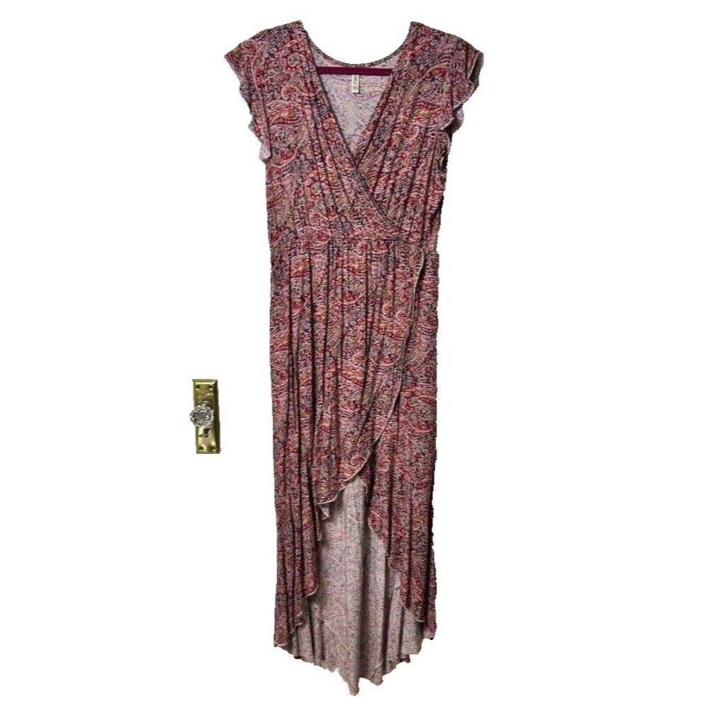 Grecerelle Womens Dress XL Pink Paisley Cap Sleeve Ruffle V Neck Elastic Waist